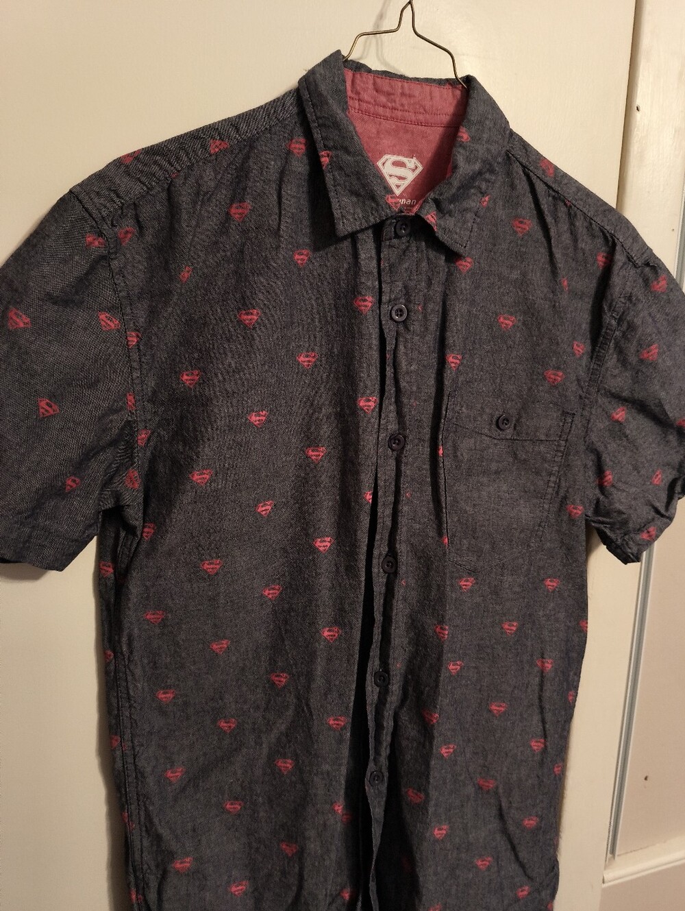 DC Comics Men's Short-Sleeve Dark Gray Button-Up Shirt with Red Emblem Print